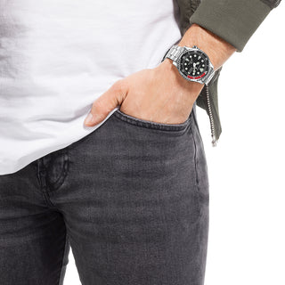 Angle shot of Citizen Automatic Divers Promaster NY0085-86EE Black Dial Grey Stainless Steel Mens Watch on white background
