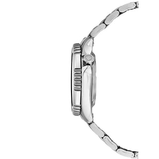 Angle shot of Citizen Automatic Divers Promaster NY0085-86EE Black Dial Grey Stainless Steel Mens Watch on white background