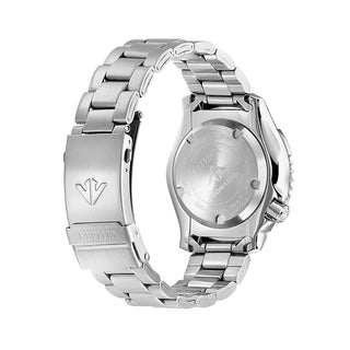 Angle shot of Citizen Automatic Divers Promaster NY0085-86EE Black Dial Grey Stainless Steel Mens Watch on white background
