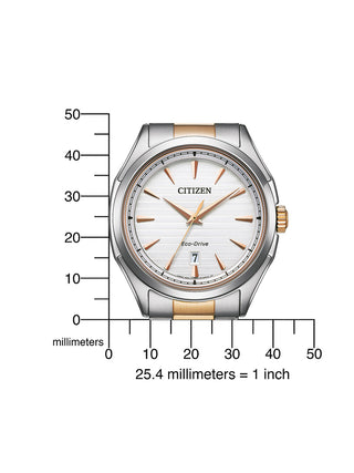 Angle shot of Citizen AW1756-89A Silver Dial Rose Gold Stainless Steel Unisex Watch on white background