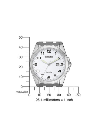 Angle shot of Citizen BM7108-81A White Dial Silver Stainless Steel Unisex Watch on white background