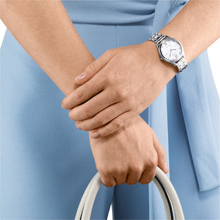 Angle shot of Citizen EM0500-73A White Dial Silver Stainless Steel Womens Watch on white background