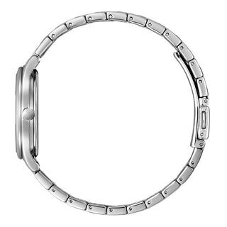 Angle shot of Citizen EM0500-73A White Dial Silver Stainless Steel Womens Watch on white background