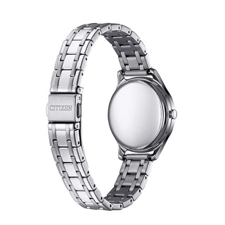 Angle shot of Citizen EM0500-73A White Dial Silver Stainless Steel Womens Watch on white background