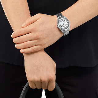 Angle shot of Citizen EO1210-83A White Dial Silver Stainless Steel Womens Watch on white background