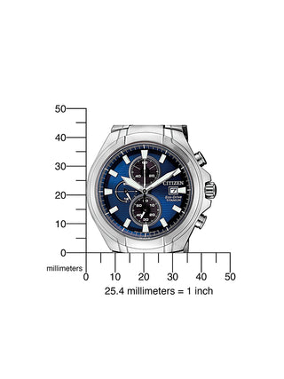 Angle shot of Citizen Chronograph CA0700-86L Blue Dial Silver Titanium Unisex Watch on white background