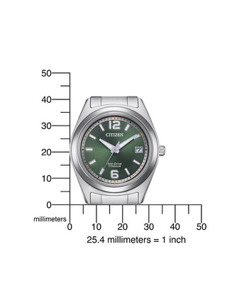 Angle shot of Citizen FE6151-82X Green Dial Silver Titanium Womens Watch on white background