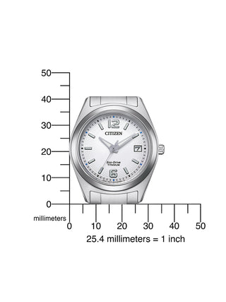 Angle shot of Citizen FE6151-82A White Dial Silver Titanium Womens Watch on white background