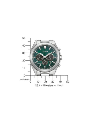 Angle shot of Citizen Chronograph CA4590-81X Green Dial Silver Stainless Steel Unisex Watch on white background