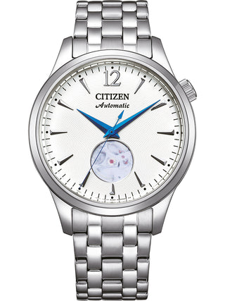 Front view of Citizen NH9131-73A White Dial Silver Stainless Steel Unisex Watch on white background