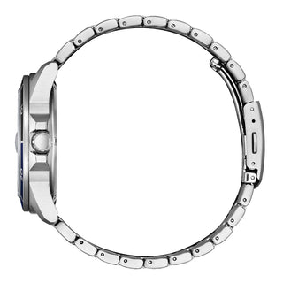 Angle shot of Citizen AW1810-85L Blue Dial Silver Stainless Steel Unisex Watch on white background