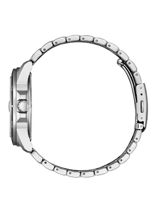 Angle shot of Citizen AW1816-89E Black Dial Silver Stainless Steel Unisex Watch on white background