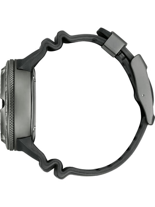 Angle shot of Citizen BJ8056-01E Grey Dial Black Silicone Unisex Watch on white background