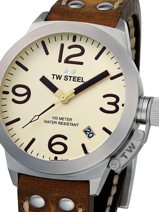 Front view of TW Steel CS100 Brown Leather Unisex Watch on white background