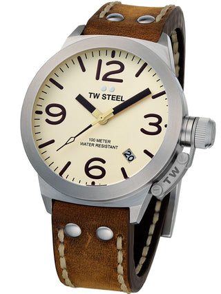 Angle shot of TW Steel CS100 Brown Leather Unisex Watch on white background