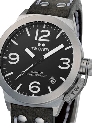 Front view of TW Steel CS101 Black Dial Grey Leather Unisex Watch on white background