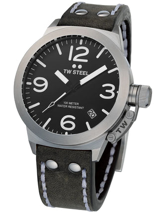 Angle shot of TW Steel CS101 Black Dial Grey Leather Unisex Watch on white background