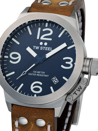Front view of TW Steel CS102 Blue Dial Brown Leather Unisex Watch on white background