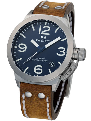 Angle shot of TW Steel CS102 Blue Dial Brown Leather Unisex Watch on white background