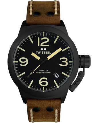 Angle shot of TW Steel CS103 Black Dial Brown Leather Unisex Watch on white background