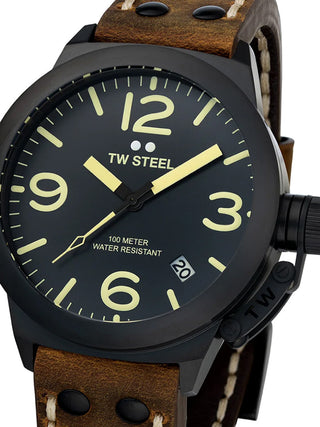 Front view of TW Steel CS103 Black Dial Brown Leather Unisex Watch on white background