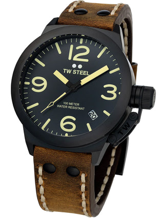 Angle shot of TW Steel CS103 Black Dial Brown Leather Unisex Watch on white background