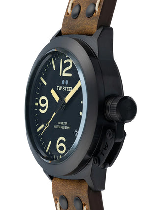 Angle shot of TW Steel CS103 Black Dial Brown Leather Unisex Watch on white background