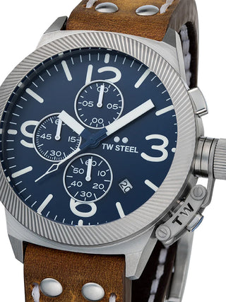 Front view of TW Steel Chronograph CS106 Blue Dial Brown Leather Unisex Watch on white background