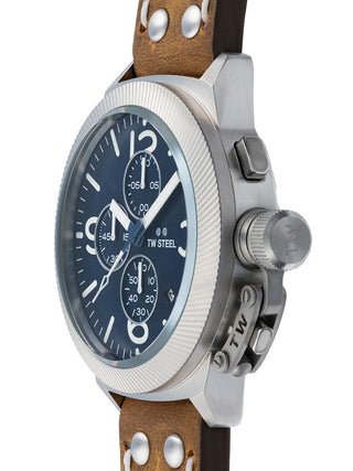 Angle shot of TW Steel Chronograph CS106 Blue Dial Brown Leather Unisex Watch on white background