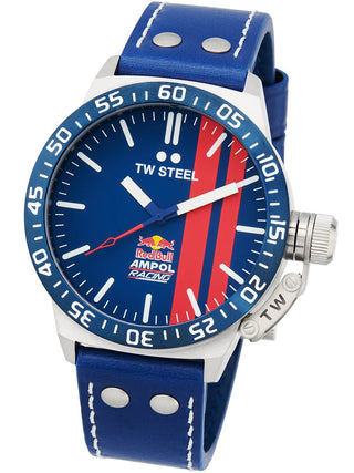Angle shot of TW Steel CS112 Blue Leather Unisex Watch on white background