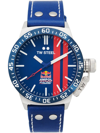 Angle shot of TW Steel CS112 Blue Leather Unisex Watch on white background