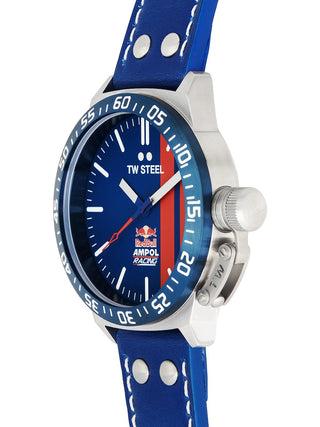 Angle shot of TW Steel CS112 Blue Leather Unisex Watch on white background