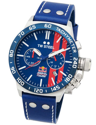 Angle shot of TW Steel Chronograph CS122 Blue Leather Unisex Watch on white background