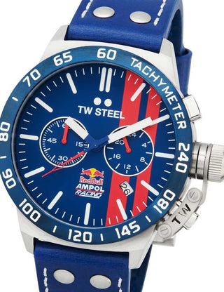 Front view of TW Steel Chronograph CS122 Blue Leather Unisex Watch on white background