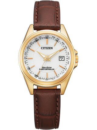 Front view of Citizen EC1183-16A White Dial Brown Leather Womens Watch on white background