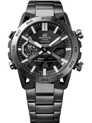 Angle shot of Casio Edifice ECB-2000DC-1AEF Black Stainless Steel Mens Watch on white background