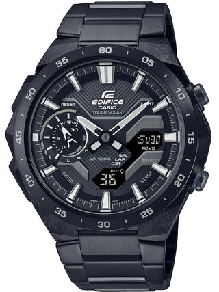 Front view of Casio Windflow F1 Inspired Chronograph Tough Solar Bluetooth® ECB-2200DC-1AEF Black Stainless Steel Unisex Watch on white background