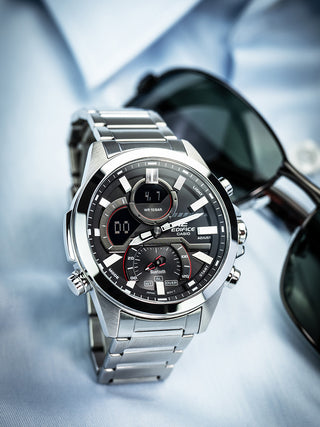 Angle shot of Casio Edifice ECB-30D-1AEF Black Dial Grey Stainless Steel Mens Watch on white background