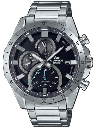 Front view of Casio Edifice Chronograph EFR-571D-1AVUEF Black Dial Grey Stainless Steel Mens Watch on white background