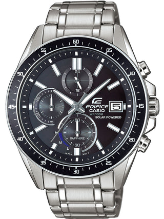 Front view of Casio Solar Powered Chronograph Black EFS-S510D-1AVUEF Black Dial Silver Stainless Steel Unisex Watch on white background