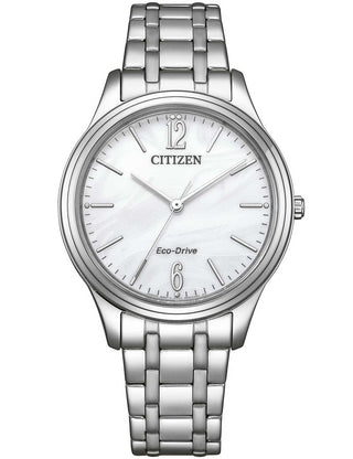 Front view of Citizen EM0411-71A Mother Of Pearl Dial Silver Stainless Steel Womens Watch on white background