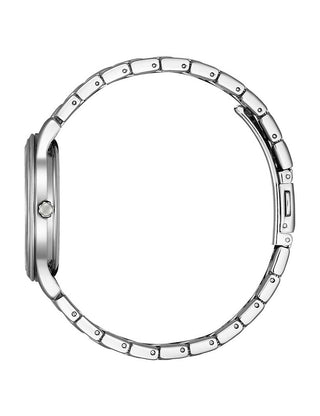 Angle shot of Citizen EM0411-71A Mother Of Pearl Dial Silver Stainless Steel Womens Watch on white background