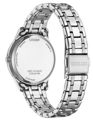 Angle shot of Citizen EM0411-71A Mother Of Pearl Dial Silver Stainless Steel Womens Watch on white background