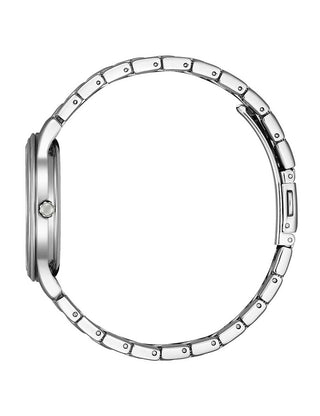 Angle shot of Citizen EM0411-71X Mother Of Pearl Dial Silver Stainless Steel Womens Watch on white background