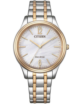 Front view of Citizen EM0416-78A Mother Of Pearl Dial Rose Gold Stainless Steel Womens Watch on white background