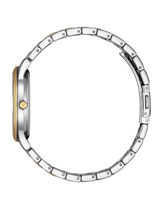 Angle shot of Citizen EM0416-78A Mother Of Pearl Dial Rose Gold Stainless Steel Womens Watch on white background