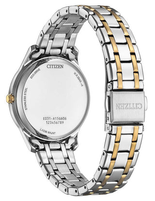 Angle shot of Citizen EM0416-78A Mother Of Pearl Dial Rose Gold Stainless Steel Womens Watch on white background