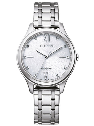 Front view of Citizen EM0500-73A White Dial Silver Stainless Steel Womens Watch on white background
