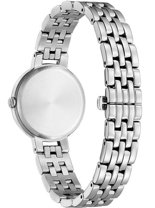 Angle shot of Citizen EM0990-81Y Mother Of Pearl Dial Silver Stainless Steel Womens Watch on white background