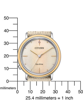 Angle shot of Citizen EM1006-40A Beige Textile Womens Watch on white background